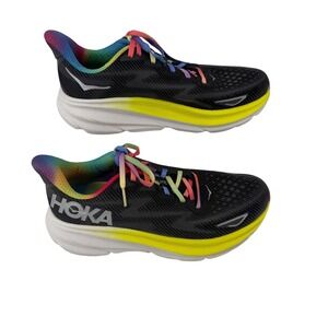 Hoka Clifton 9 Black Multi Rainbow Pride Running Shoes 1127896-BAAB Womens 10B